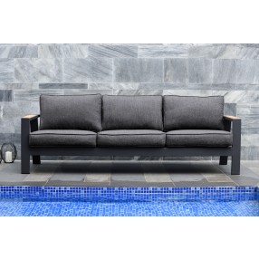 Armen Living Palau Outdoor Sofa in Dark Grey with Natural Teak Wood Accent and Cushions