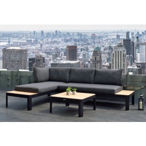 Armen Living Portals Outdoor Square Coffee Table in Black Finish with Natural Teak Wood Top Set View