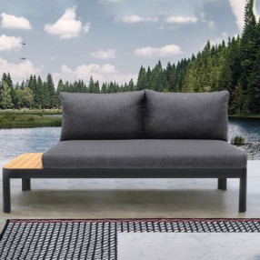 Armen Living Portals Outdoor Sofa in Black Finish with Natural Teak Wood Accent and Grey Cushions