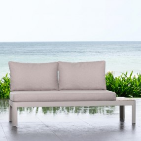 Armen Living Portals Outdoor Sofa in Light Matte Sand Finish with Natural Teak Wood and Beige Cushions