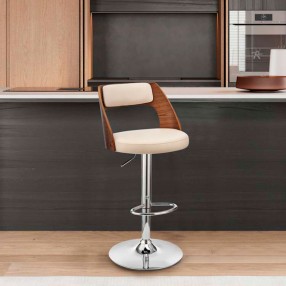 Paris Cream Faux Leather Adjustable Height Swivel Walnut Wood and Chrome Bar Stool