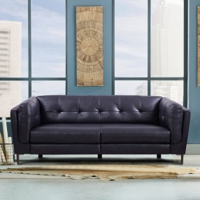 Armen Living Primrose Contemporary Sofa in Dark Metal Finish and Navy Genuine Leather