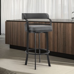 Armen Living Prinz Swivel Grey Faux Leather and Black Metal Bar Stool