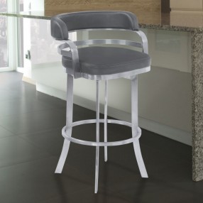 Armen Living Prinz Metal Swivel Barstool In Faux Leather with Brushed Stainless Steel Finish