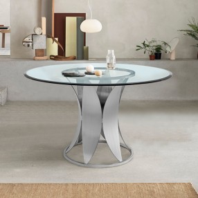 Armen Living Petal Modern Glass And Stainless Steel Round Pedestal Dining Table In Brushed Stainless Steel Finishing