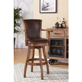 Armen Living Raleigh Arm 30" Bar Height Swivel Wood Barstool in Chestnut Finish and Kahlua Faux Leather - Lifestyle