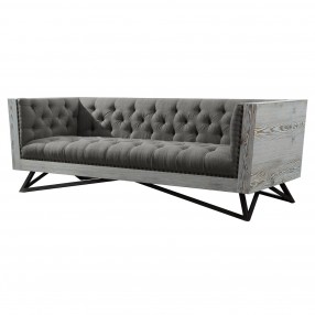 Armen Living Regis Contemporary Sofa in Grey Fabric with Black Metal Finish Legs and Antique Brown Nailhead Accents - Angled