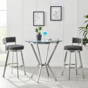 Armen Living Roman Gray Faux Leather and Brushed Stainless Steel Swivel Bar And Counter Stool