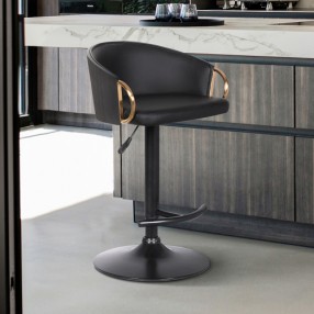 Armen Living Solstice Adjustable Black Faux Leather Swivel Barrstool With Black Powder Coated Finish and Gold Accents