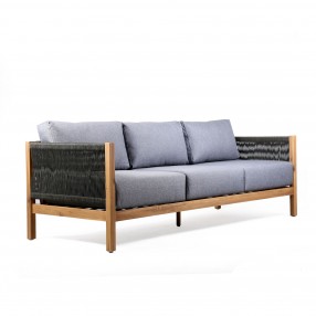 Sienna Outdoor Patio Sofa in Acacia Wood with Teak Finish and Gray Fabric - Angled