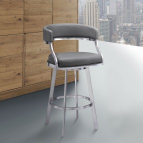 Armen Living Saturn Swivel Grey Faux Leather and Brushed Stainless Steel Bar Stool
