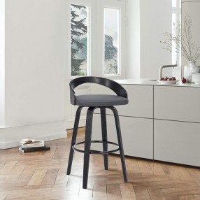 Armen Living Sonia Swivel Grey Faux Leather and Black Wood Bar Stool