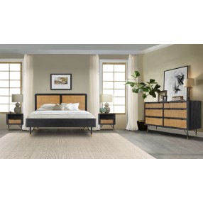 Armen Living Saratoga Platform Frame Bed in Black Acacia with Rattan Headboard