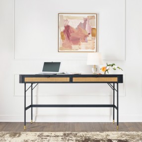 Armen Living Saratoga 2 Drawer Desk in Black Acacia with Rattan