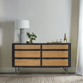 Armen Living Saratoga 6 Drawer Dresser in Black Acacia with Rattan-