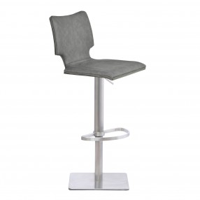 Sydney Adjustable Barstool in Brushed Stainless Steel with Vintage Grey Faux Leather and Grey Walnut Wood Back - Angled
