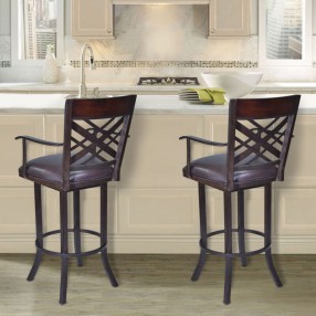 Armen Living Tahiti Arm Barstool in Auburn Bay finish with Brown Pu upholstery