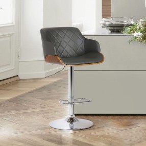 Armen Living Toby Gray Faux Leather Adjustable Height Swivel Walnut Wood and Chrome Bar Stool