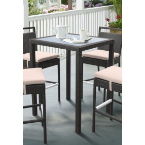 Armen Living Tropez Outdoor Patio Wicker Bar Table With Black Glass Top