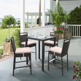 Armen Living Tropez Outdoor Patio Wicker Barstool With Water Resistant Beige Fabric Cushions