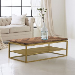 Armen Living Faye Rustic Brown Wood Coffee Table with Shelf and Antique Brass Metal Base