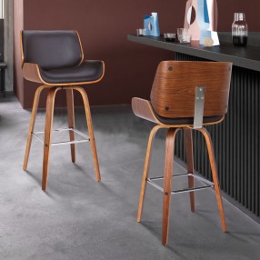 Armen Living Tyler Swivel Brown Faux Leather and Walnut Wood Bar Stool Set
