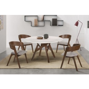 Venus 54" Round Mid-Century Modern White Marble Dining Table with Walnut Wood Legs