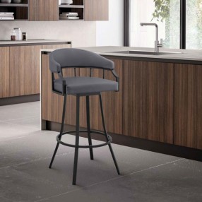 Armen Living Valerie Swivel Slate Grey Faux Leather and Black Metal Bar Stool