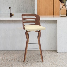 Armen Living Verne Swivel Cream Faux Leather and Walnut Wood Bar Stool