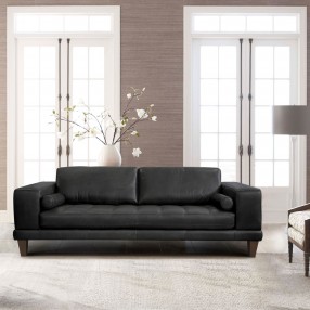 Armen Living Wynne Contemporary Sofa in Genuine Black Leather with Brown Wood Legs - Lifestyle