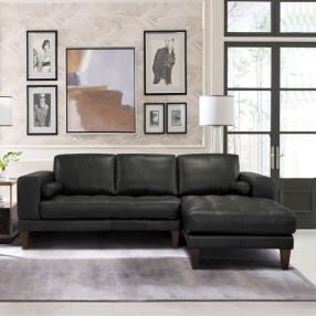 Armen Living Wynne Contemporary Sectional in Genuine Black Leather with Brown Wood Legs
