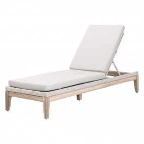 Essentials For Living Loom Outdoor Chaise Lounge - Taupe & White Flat Rope, Performance Pumice, Gray Teak - Reclined in Front Side Angle