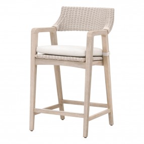 Essentials For Living Lucia Outdoor Counter Stool - Pure White Synthetic Wicker, Performance White Speckle, Gray Teak - Front Side Angle