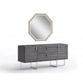Whiteline Modern Living Chloe Hexagonal Mirror In High Gloss Grey With LED Light - Angled with Dresser