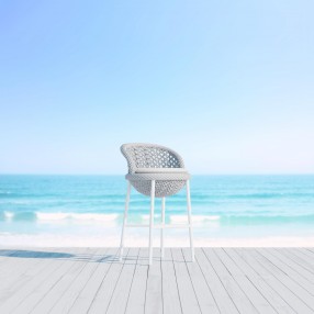 Azzurro Montauk Bar Stool With Matte White Aluminum Frame and Pearl Gray All-Weather Rope - Lifestyle