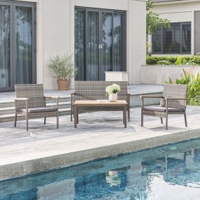 Vifah Evelyn 4-Piece All-Weather Outdoor Resin Wicker Mixed Acacia Wood Lounge Sofa Set in Grey with Cushion, Lifestyle