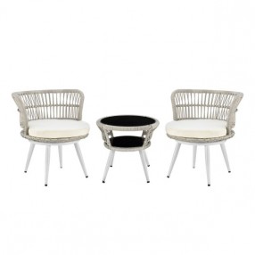 Manhattan Comfort Monaco Rope Wicker 3-Piece Patio Conversation Set with Cushions in Cream