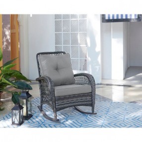 Manhattan Comfort Furttuo Steel Rattan Outdoor Rocking Chair with Cushions in Grey