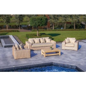 Outsy Anna Lux 4-Piece Outdoor Extra Deep Seating Wicker Aluminum Frame Furniture Set with Wood Coffee Table in White and Grey - Lifestyle