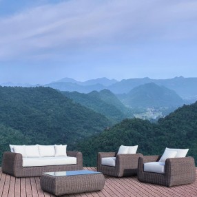 Outsy Milo Lux 4-Piece Outdoor and Backyard Extra Deep Seating Wicker Aluminum Frame Furniture Set with Wicker Coffee Table in Brown - Lifestyle 