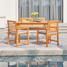 Vifah Waimea Honey 4-Piece Slatted Eucalyptus Wood Patio Dining Set with Bench and Cushion, Front Angle