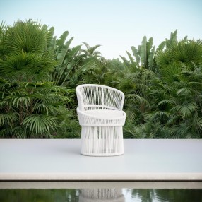 Azzurro Palma Swivel Dining Chair With Matte White luminum Frame And White Mist All-Weather Texteline Rope - Lifestyle