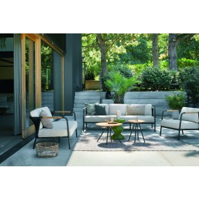 Alfresco Home Elle Belt Deep Seating 79" Sofa w/ Teak Arm Rests | Cushions Inclusive - Lifestyle