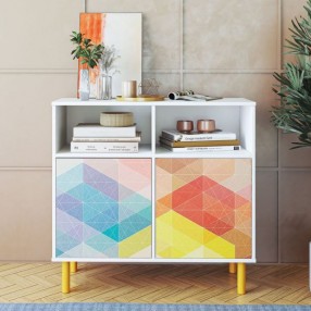Manhattan Comfort Mid-Century Modern Retro Sideboard with 6 Shelves in White and Multi Color Red, Yellow, Blue Print 