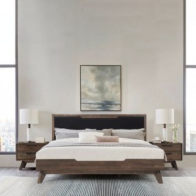 Armen Living Astoria 3 Piece Queen Bedroom Set in Oak with Black Faux Leather