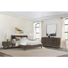 Armen Living Astoria 4 Piece King Bedroom Set in Oak with Black Faux Leather