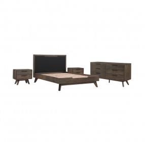 Armen Living Astoria 4 Piece Queen Bedroom Set in Oak with Black Faux Leather