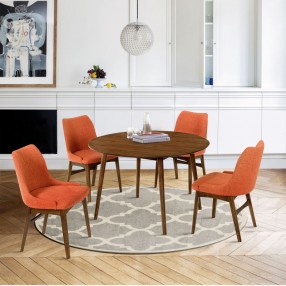Armen Living Arcadia and Azalea 48" Round and Walnut Wood 5 Piece Dining Set - Orange