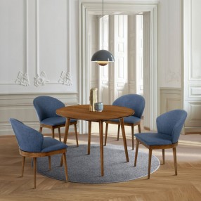 Armen Living Arcadia and Juno Round and Walnut Wood 5 Piece Dining Set- Blue Chair