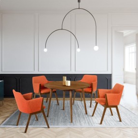 Armen Living Arcadia and Renzo Round and Walnut Wood 5 Piece Dining Set- Orange 